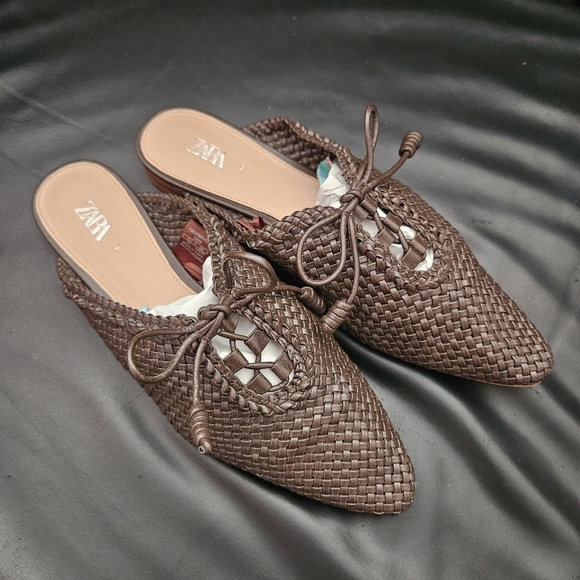 Zara Brown Woven Slip On Mules Slides With Bows Dress Shoes Women’s Size 37 6.5 - Picture 3 of 11